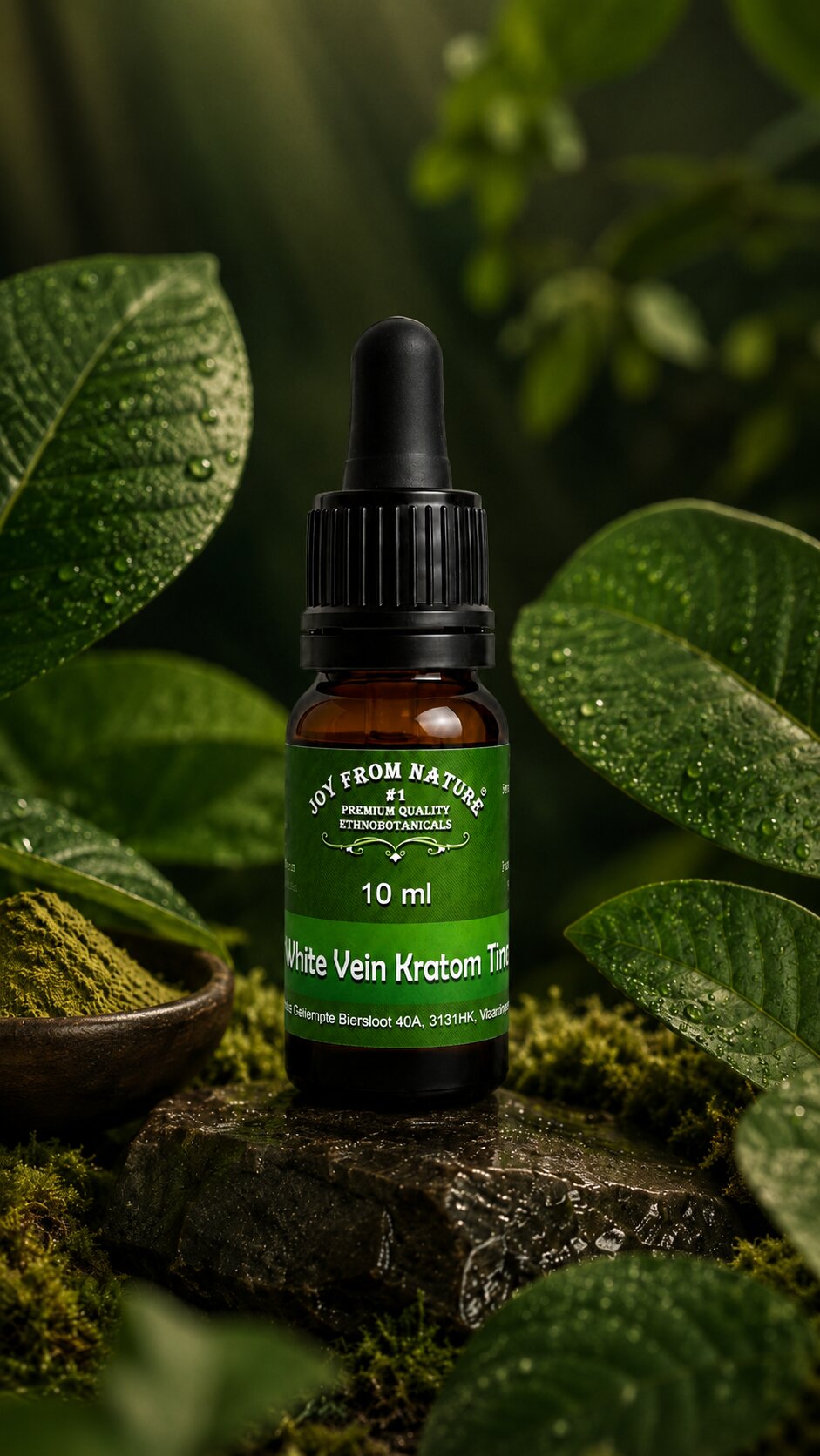 Pipetten Flasche mit Kratom Extrakt auf einem Stein in einer tropisch feuchtem Naturkulisse mit grünen Blättern