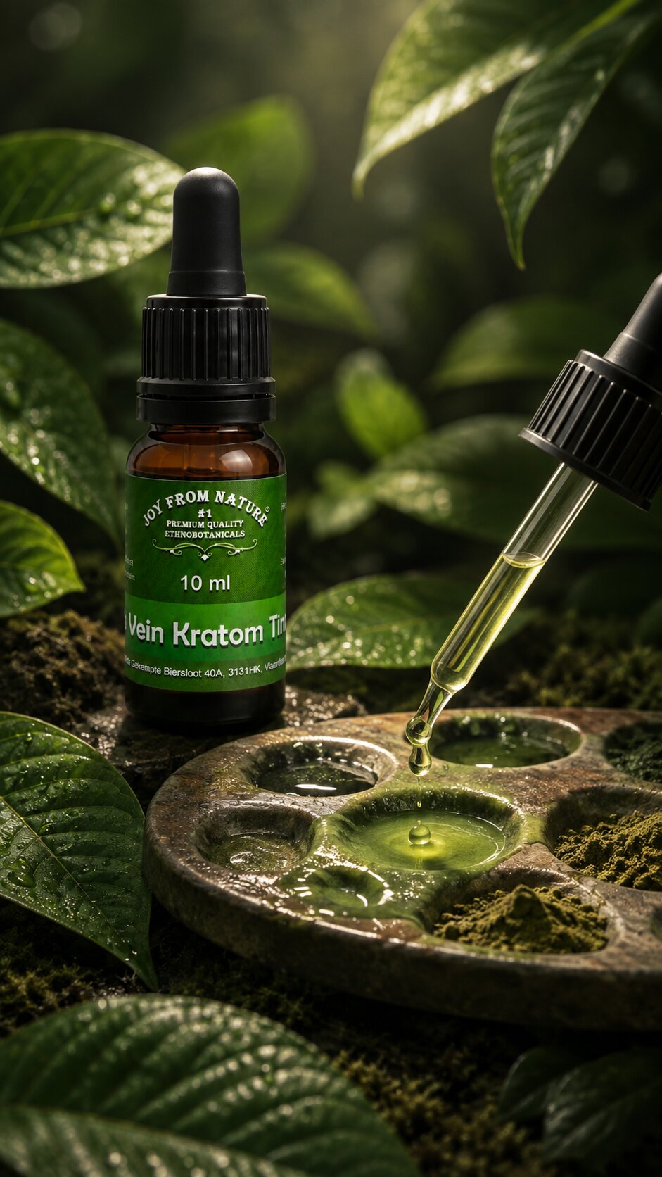 Kratom Farbextrakt Pipette die auf eine Farbpalette tropft auf der Pulver Haufen sind