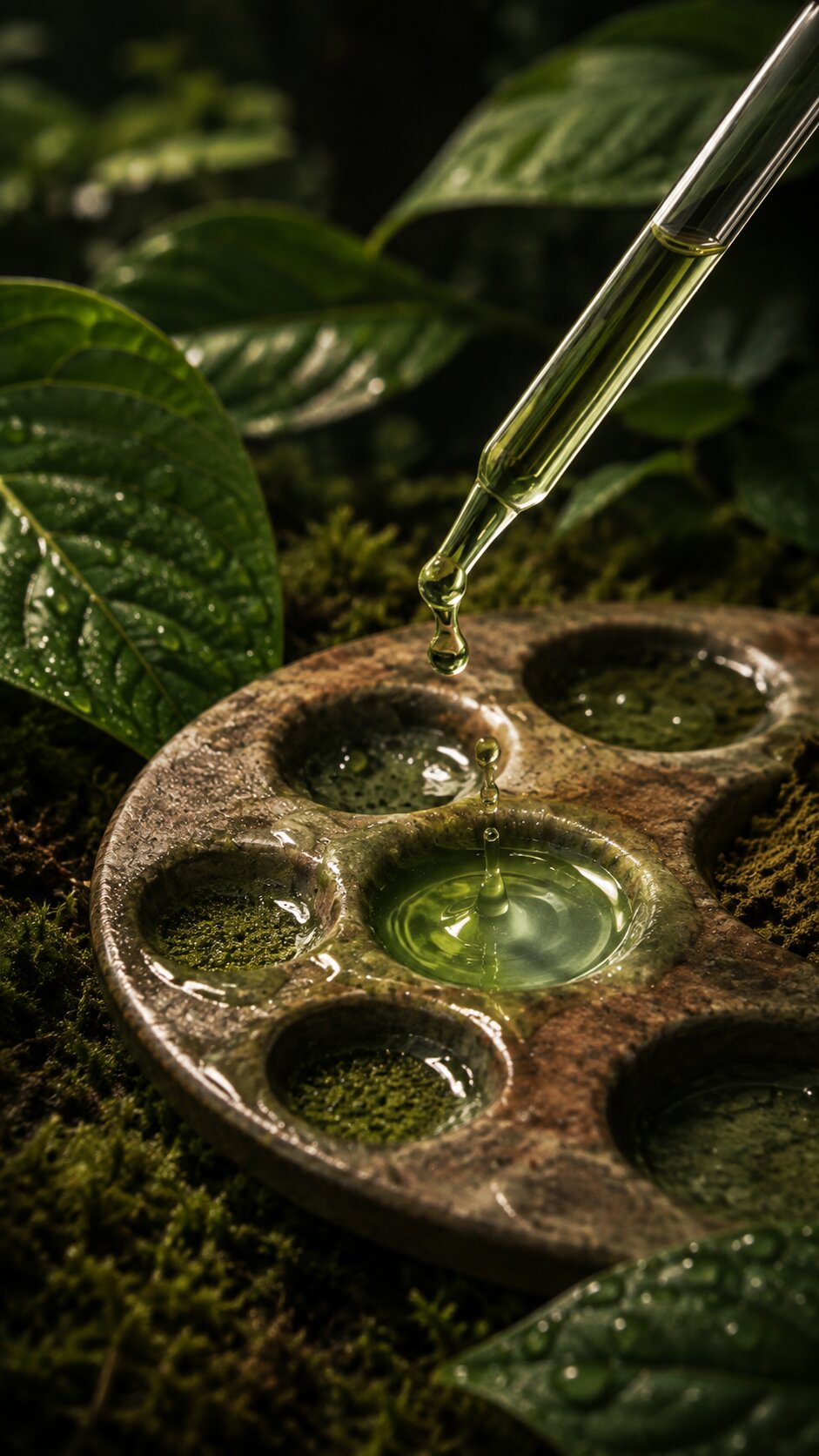 Pipette die Kratom Liquid auf eine Farbpalette tropft mit grünen Blätter im Hintergrund